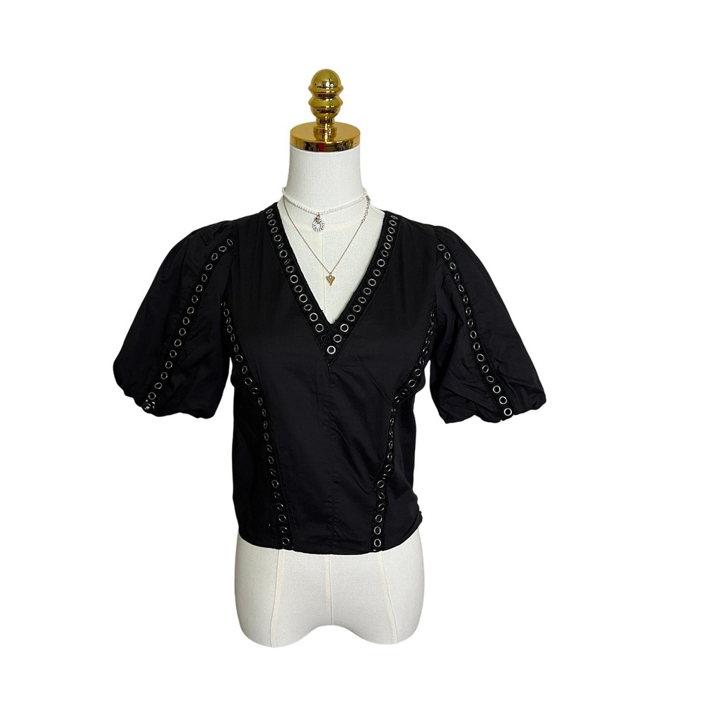 DKNY Black Grommet Eyelet Puff Sleeve‎ V-Neck Blouse Top Small